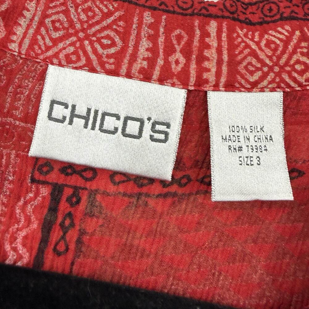 Chicos 3 Silk Crepe Button Up Top XL Red Patchwork Print Long Sleeve Artsy - Picture 10 of 11
